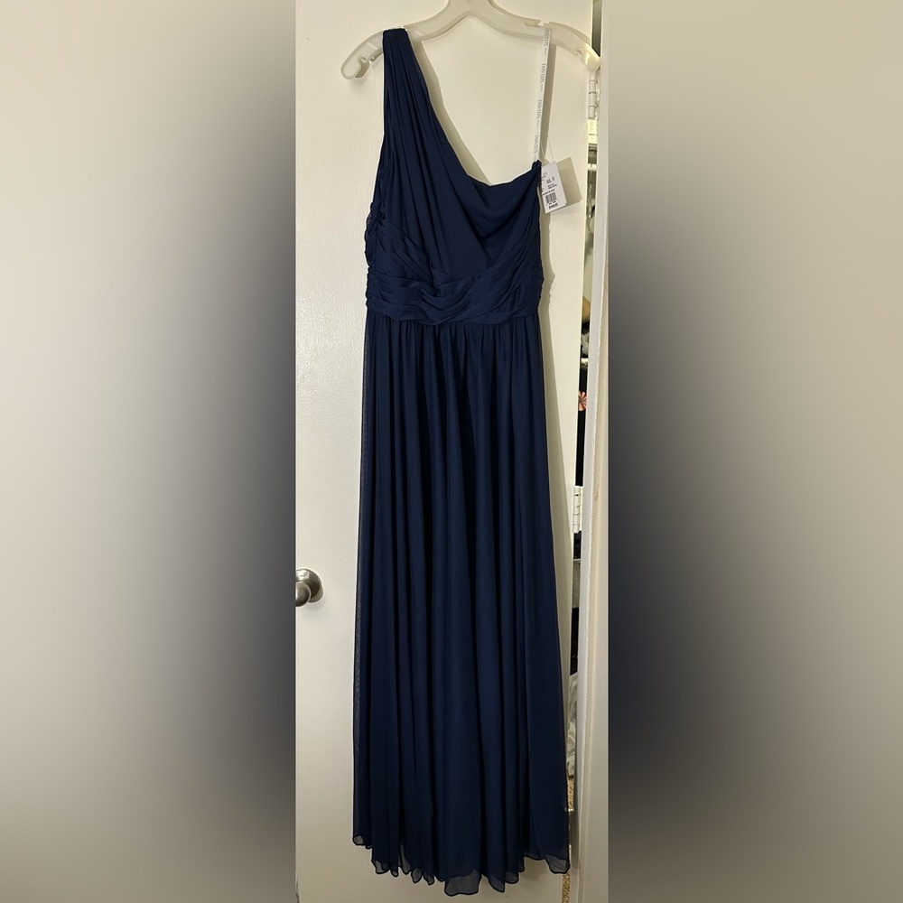 David's Bridal One Shoulder Navy Dress
